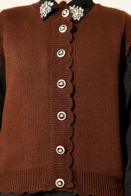 Fırfır Detaylı Düğmeli Triko Yelek Kahve - Yelek