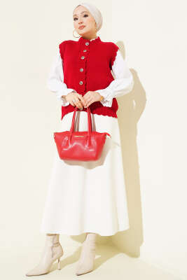 Fırfır Detaylı Düğmeli Triko Yelek Kırmızı - Yelek