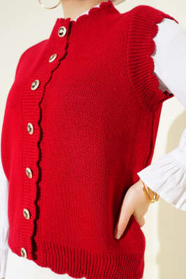 Fırfır Detaylı Düğmeli Triko Yelek Kırmızı - Yelek