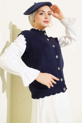 Fırfır Detaylı Düğmeli Triko Yelek Lacivert - RAFİMİX