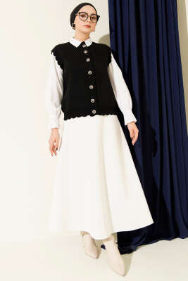 Fırfır Detaylı Düğmeli Triko Yelek Siyah - Yelek