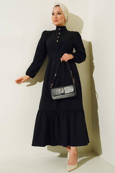 Fırfır Detaylı Düğmeli Yaka Kuşaklı Elbise Siyah - Tesettür Elbise
