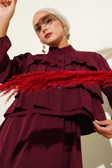 Fırfır Detaylı Etekli İkili Takım Bordo - İkili Takım