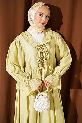 Fırfır Detaylı İp Bağlamalı Etekli İkili Takım Çağla Yeşili - İkili Takım