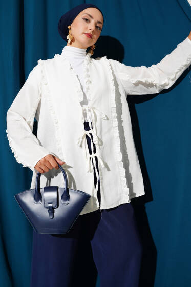 Fırfır Detaylı Kimono Ekru - Dış Giyim&Mont