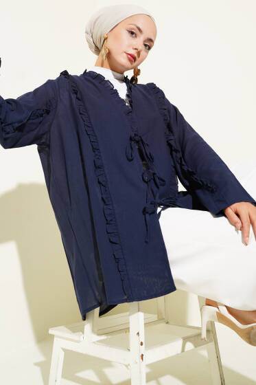 Fırfır Detaylı Kimono Lacivert - Dış Giyim&Mont