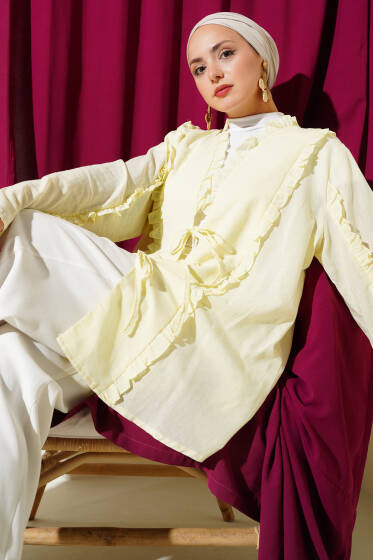 Fırfır Detaylı Kimono Sarı - Dış Giyim&Mont