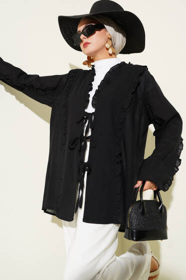 Fırfır Detaylı Kimono Siyah - Dış Giyim&Mont