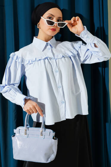 Fırfır Detaylı Kısa Gömlek Bebe Mavi - Gömlek