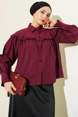 Fırfır Detaylı Kısa Gömlek Bordo - DUFON
