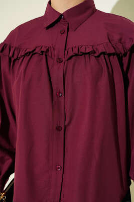 Fırfır Detaylı Kısa Gömlek Bordo - Gömlek