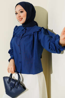 Fırfır Detaylı Kısa Gömlek Lacivert - DUFON