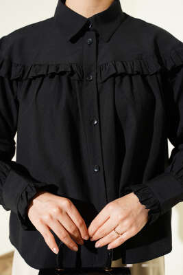 Fırfır Detaylı Kısa Gömlek Siyah - Gömlek