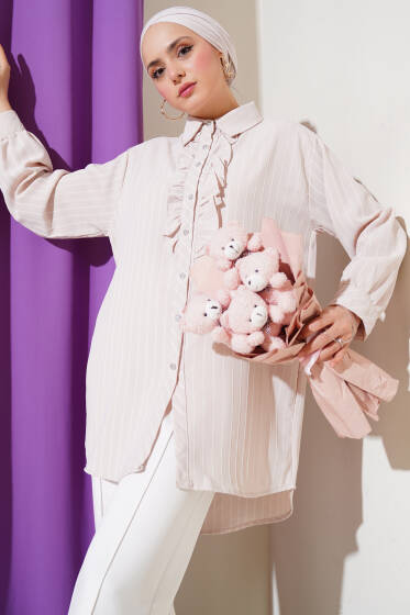 Fırfır Detaylı Taş Düğmeli Çizgili Gömlek Bej - Gömlek