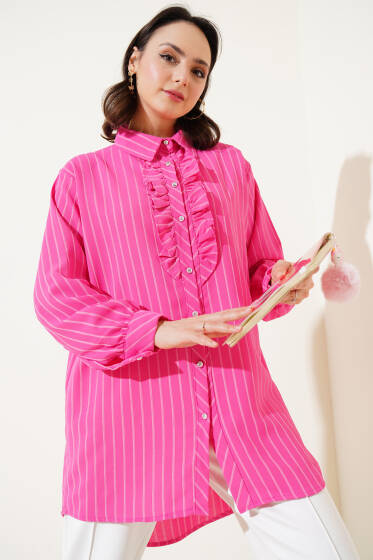 Fırfır Detaylı Taş Düğmeli Çizgili Gömlek Fuşya - Gömlek