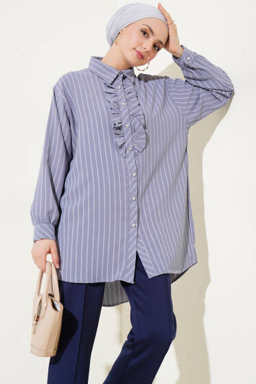 Fırfır Detaylı Taş Düğmeli Çizgili Gömlek Gri - Gömlek