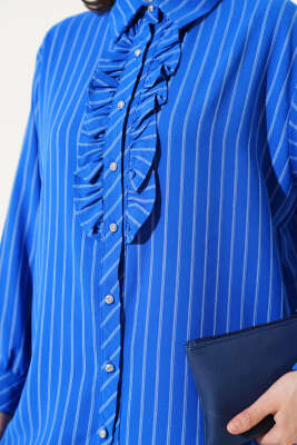 Fırfır Detaylı Taş Düğmeli Çizgili Gömlek Saks - 300-500 TL Ürünler
