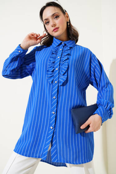 Fırfır Detaylı Taş Düğmeli Çizgili Gömlek Saks - Gömlek