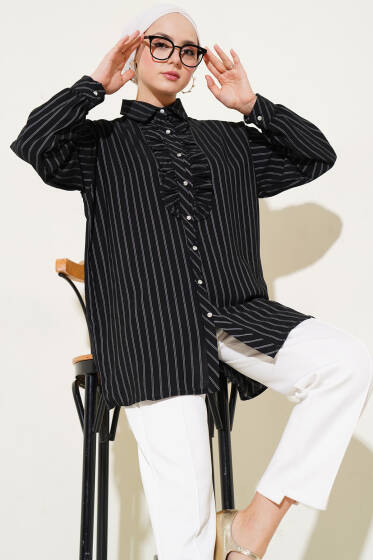 Fırfır Detaylı Taş Düğmeli Çizgili Gömlek Siyah - Gömlek