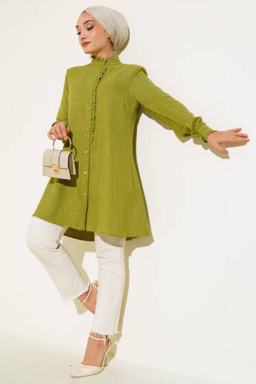	 Fırfır Detaylı Tunik Yağ Yeşili - Tunik