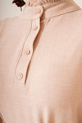 Fırfır Detaylı Yaka Düğmeli Elbise Bej - Thumbnail