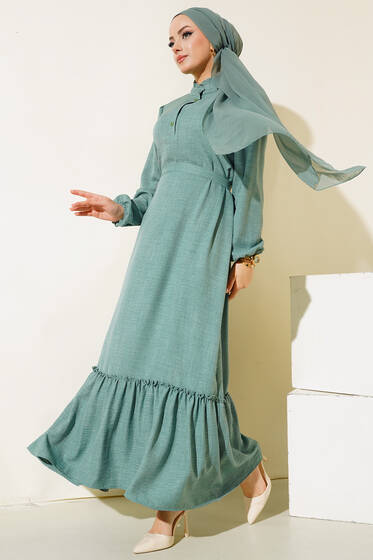 Fırfır Detaylı Yaka Düğmeli Elbise Çağla Yeşil - Elbise