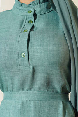 Fırfır Detaylı Yaka Düğmeli Elbise Çağla Yeşil - Thumbnail