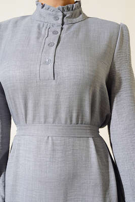 Fırfır Detaylı Yaka Düğmeli Elbise Gri - Thumbnail
