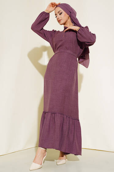 Fırfır Detaylı Yaka Düğmeli Elbise Mürdüm - Elbise