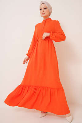 Fırfır Detaylı Yaka Düğmeli Elbise Oranj - Thumbnail