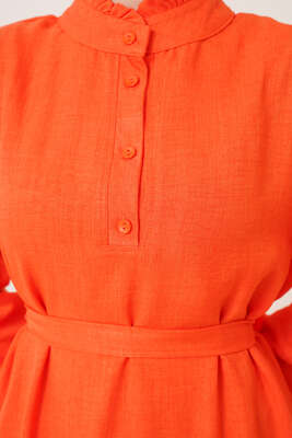 Fırfır Detaylı Yaka Düğmeli Elbise Oranj - Thumbnail