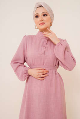 Fırfır Detaylı Yaka Düğmeli Elbise Pudra - Thumbnail