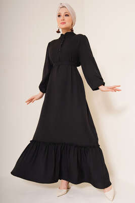 Fırfır Detaylı Yaka Düğmeli Elbise Siyah - Thumbnail