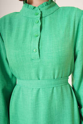 Fırfır Detaylı Yaka Düğmeli Elbise Yeşil - Thumbnail
