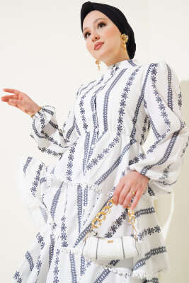 Fırfır Katlı Desenli Elbise Beyaz - Tesettür Elbise