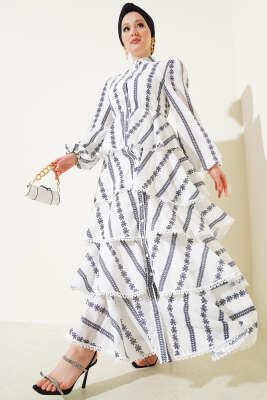 Fırfır Katlı Desenli Elbise Beyaz