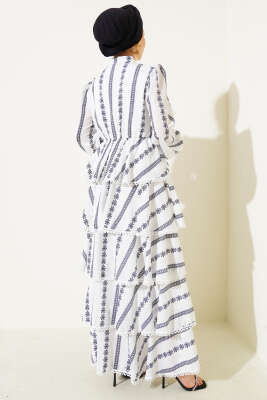 Fırfır Katlı Desenli Elbise Beyaz - Tesettür Elbise