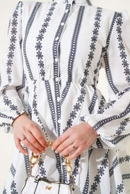 Fırfır Katlı Desenli Elbise Beyaz - Tesettür Elbise