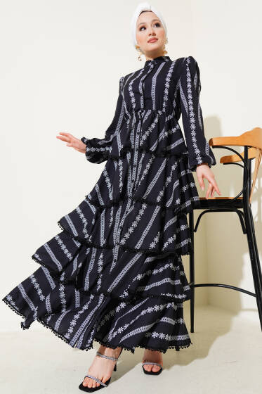 Fırfır Katlı Desenli Elbise Siyah - Elbise
