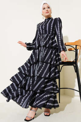 Fırfır Katlı Desenli Elbise Siyah