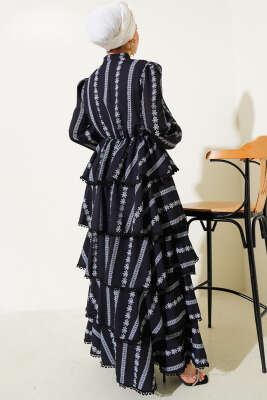 Fırfır Katlı Desenli Elbise Siyah - Tesettür Elbise