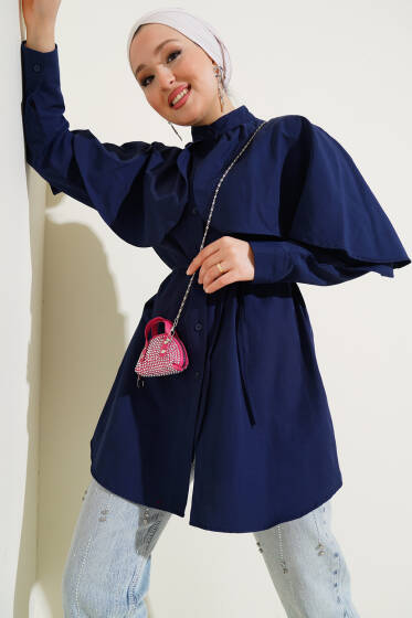 Fırfır Pelerinli İp Kuşaklı Gömlek Lacivert - Gömlek