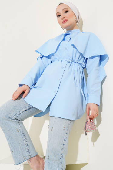 Fırfır Pelerinli İp Kuşaklı Gömlek Mavi - Gömlek