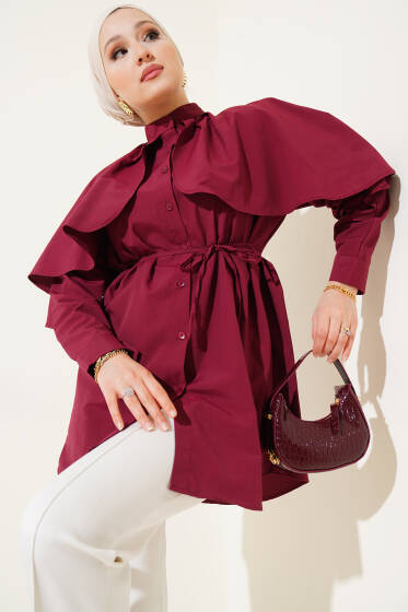 Fırfır Pelerinli İp Kuşaklı Gömlek Mürdüm - Gömlek