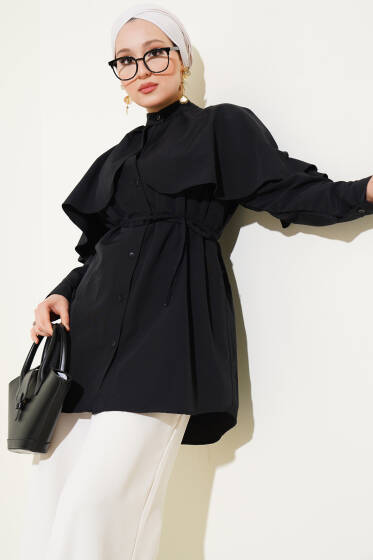 Fırfır Pelerinli İp Kuşaklı Gömlek Siyah - Gömlek