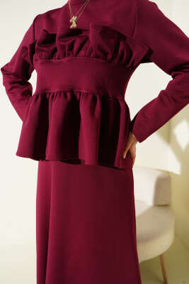 Fırfır Süslemeli Etekli İkili Takım Bordo - Günün Seçilenleri