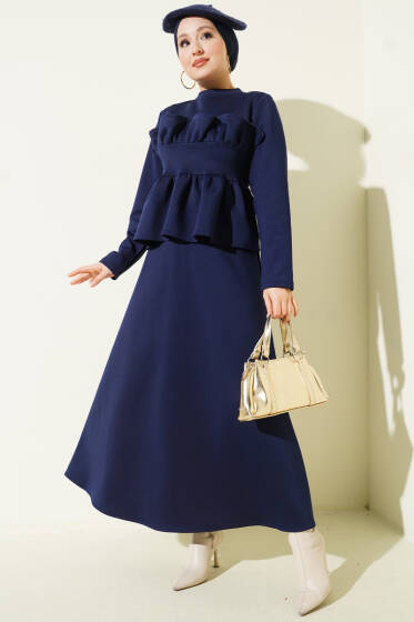 Fırfır Süslemeli Etekli İkili Takım Lacivert - İkili Takım