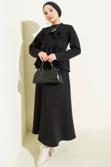 Fırfır Süslemeli Etekli İkili Takım Siyah - İkili Takım