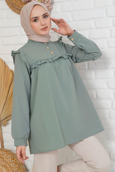 Fırfır Süslemeli Hakim Yaka Çağla Yeşili Tunik - Tesettür Elbise