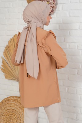 Fırfır Süslemeli Hakim Yaka Camel Tunik - Tunik